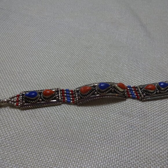 Tribal BLUE LAPIS & RED CORAL Handmade Sterling Bracelet 7 1/2" #889B - Picture 3 of 4